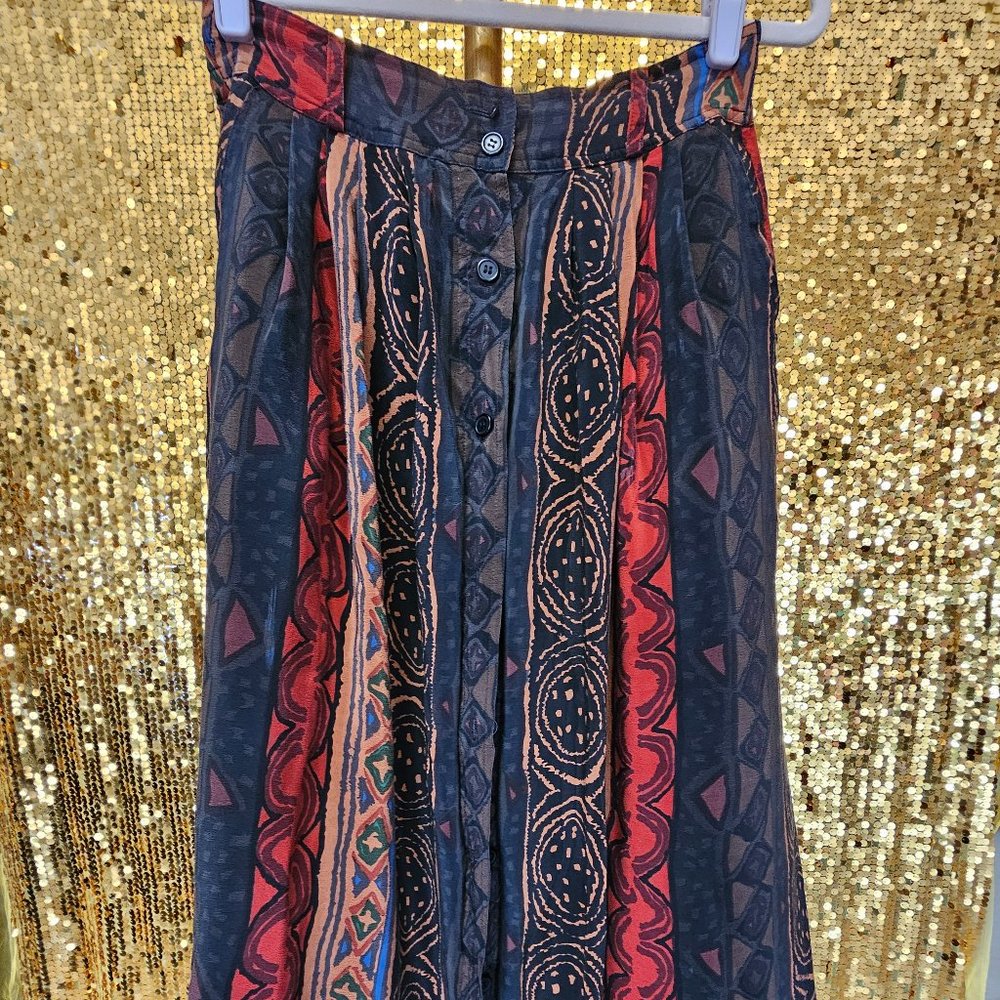 Vintage Silk Printed Button Up Skirt